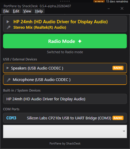 PortPane 0.5.5 — Radio Mode (switched)