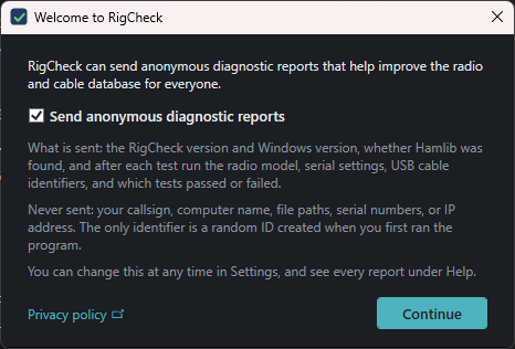 RigCheck — first-launch choice about anonymous diagnostics
